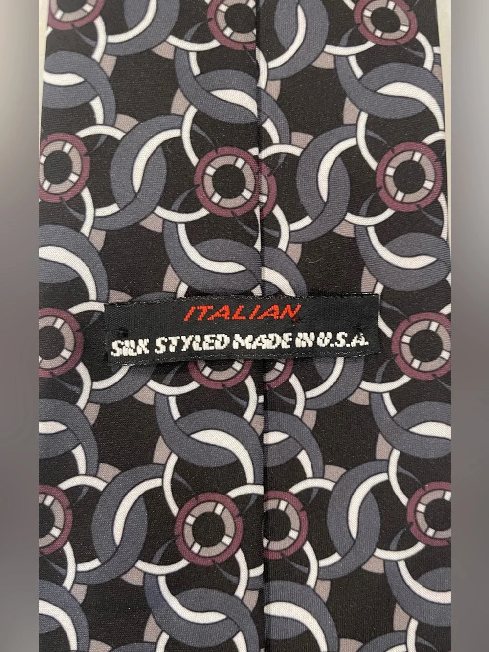 Italian Silk Geometric Necktie Black Gray Burgundy Made in USA